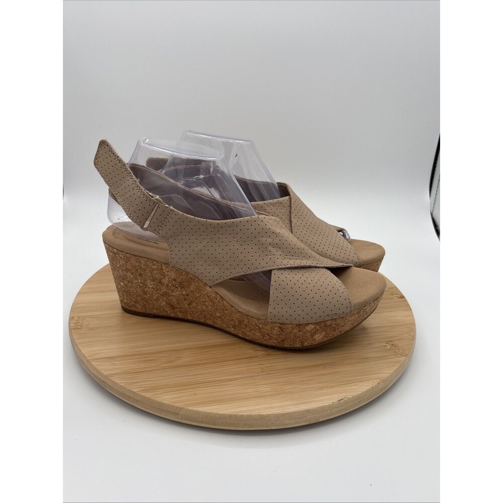 Clarks Annadel Parker Leather Comfort Platform Cork Wedge Sandal Sand Beige 10 M